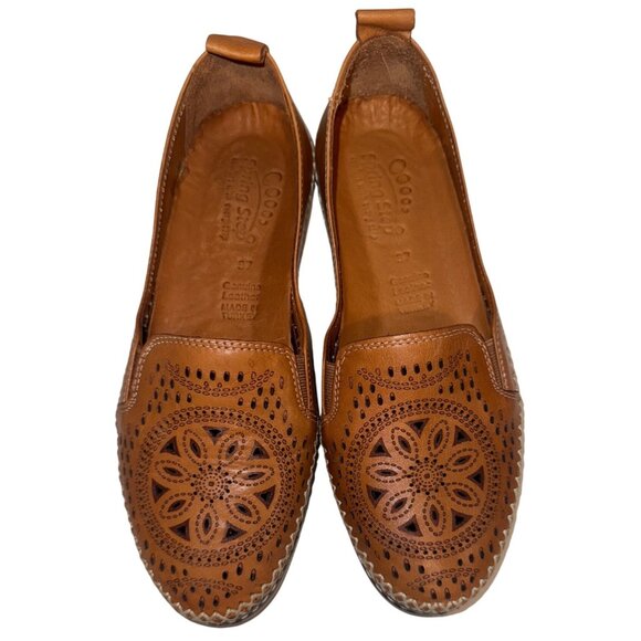 Spring Step Women Shoes Sz 37 Ingrid Camel Brown Perforated Leather Loafers Boho - Picture 1 of 11